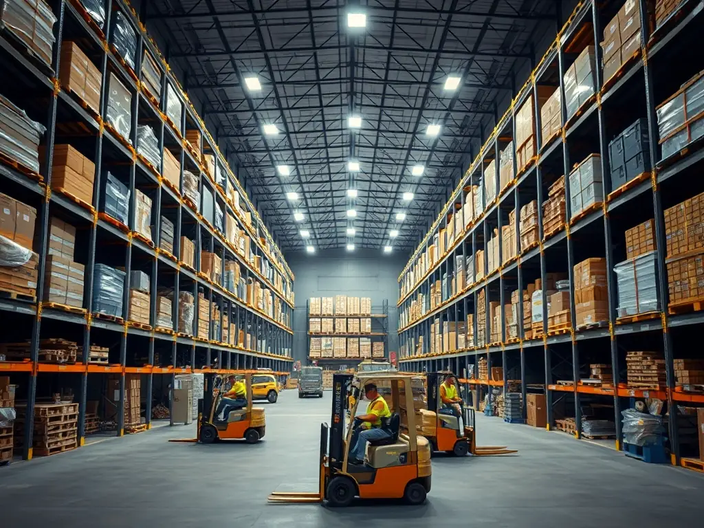A photograph of a modern warehouse with shelves and loading of goods, emphasizing the professionalism and modernity of warehouse services.