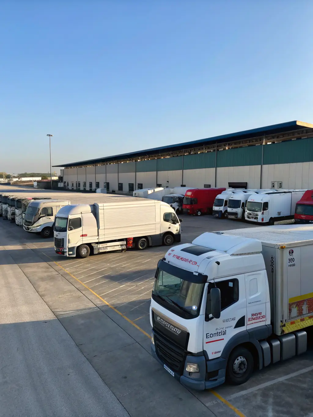 A fleet of Trans-Logistyka trucks parked at a logistics hub, ready for dispatch. The image should convey the scale and readiness of the company's operations.