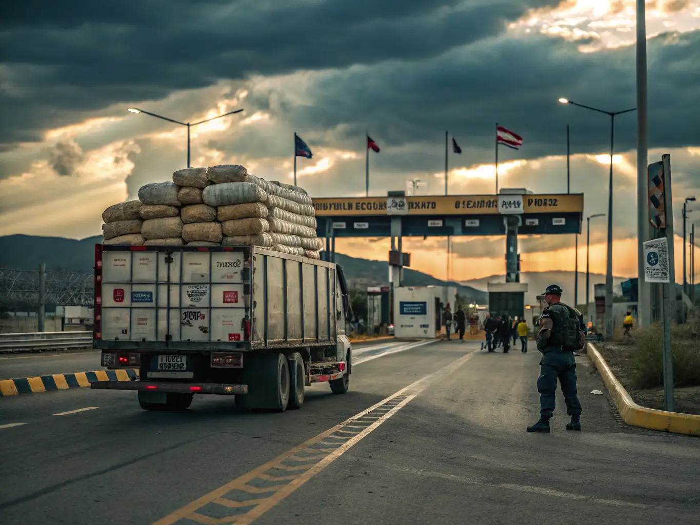 A photograph of a truck at the border with EU flags, symbolizing international freight forwarding.