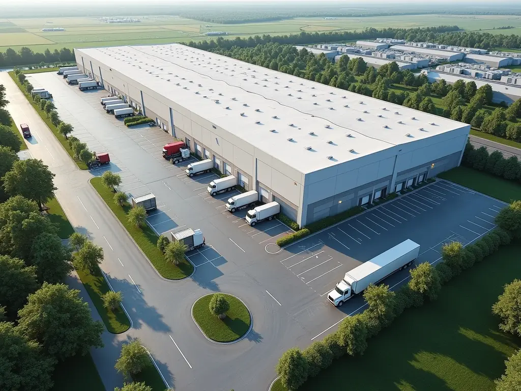 An aerial view of a Trans-Logistyka warehouse, showcasing the vast storage capacity and efficient organization of goods, emphasizing the company's comprehensive warehousing solutions.