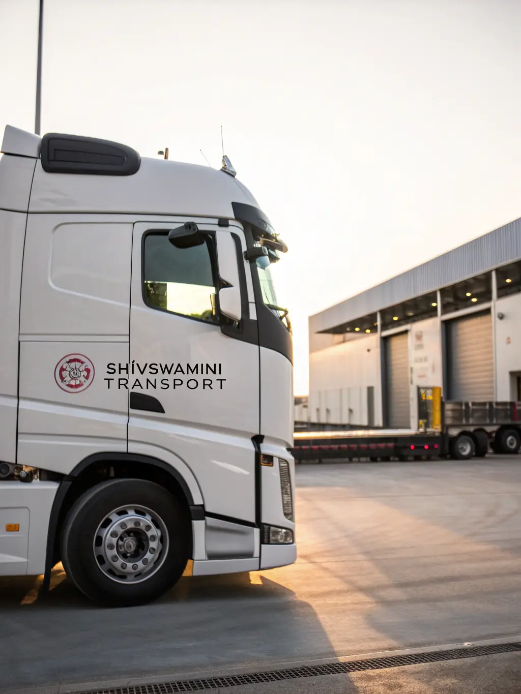 A modern Volvo FH truck parked at a loading dock, showcasing its spacious cabin and aerodynamic design, emphasizing fuel efficiency for Trans-Logistyka's domestic transport services.