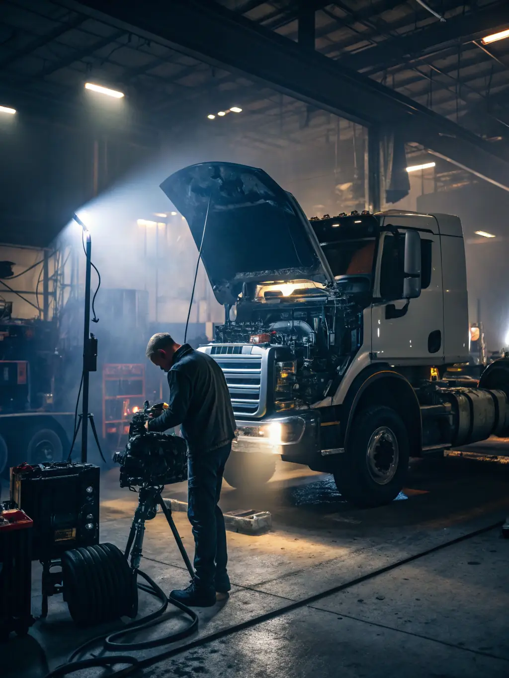 A DAF XF truck undergoing routine maintenance in a well-equipped service bay, demonstrating Trans-Logistyka's commitment to maintaining its fleet to the highest standards.