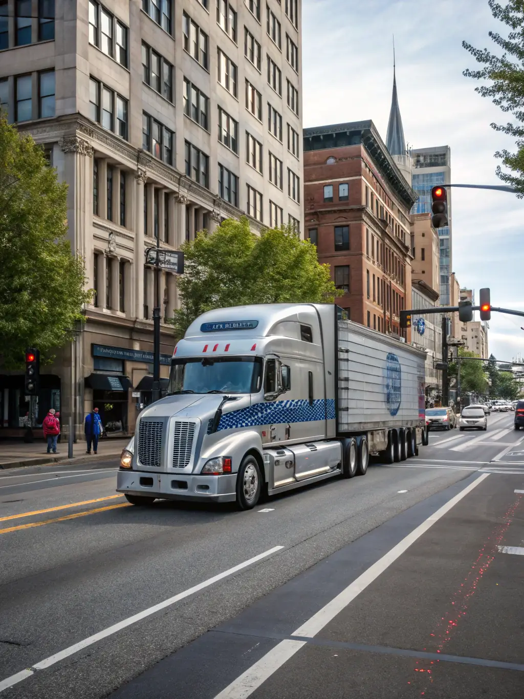A Mercedes-Benz Actros truck with a high-capacity trailer, highlighting its advanced safety features and load capacity, suitable for Trans-Logistyka's freight forwarding operations.