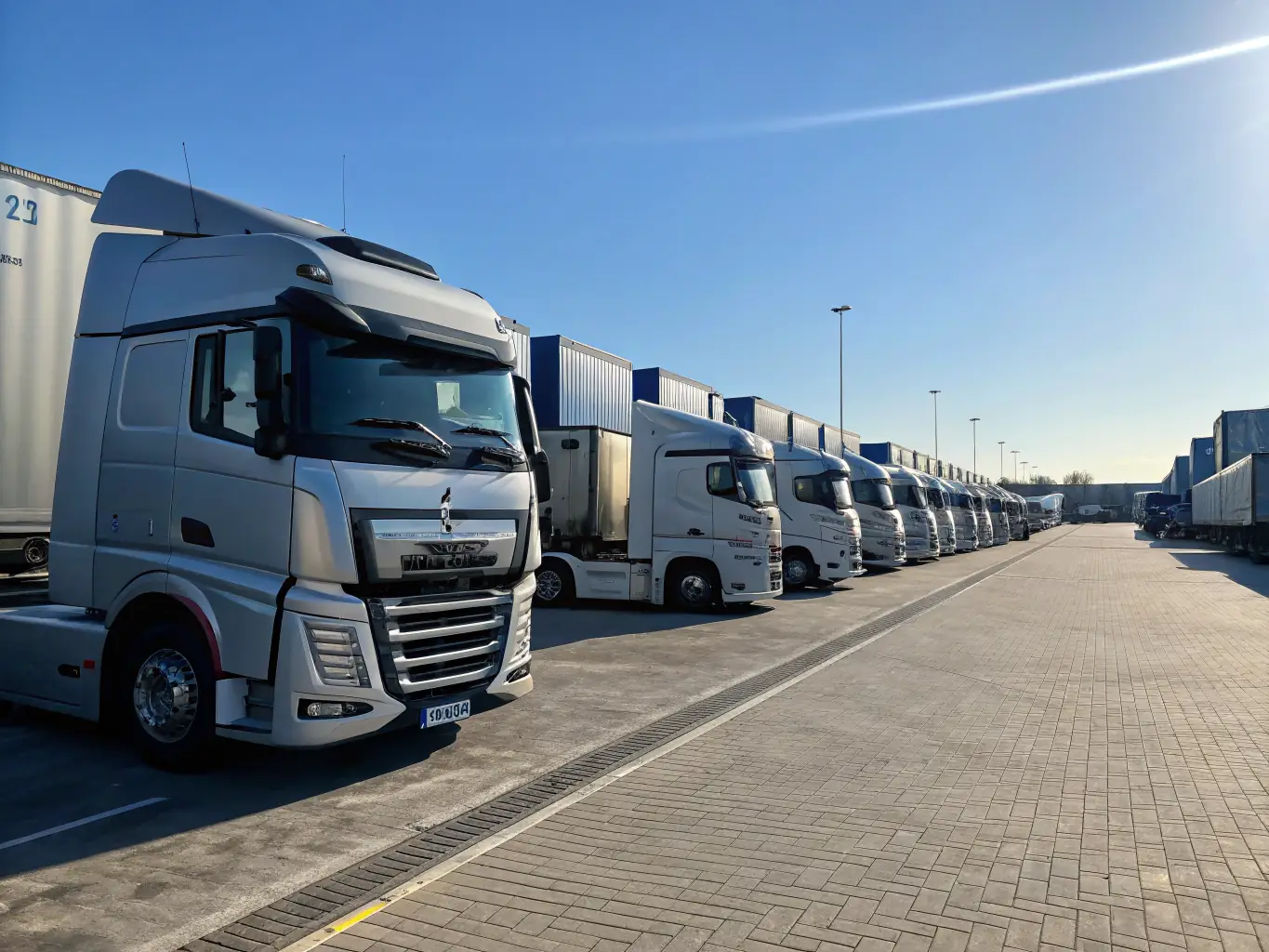 A high-angle shot of a Trans-Logistyka truck fleet parked neatly in a modern logistics center at dawn, emphasizing the scale and professionalism of the company's operations.