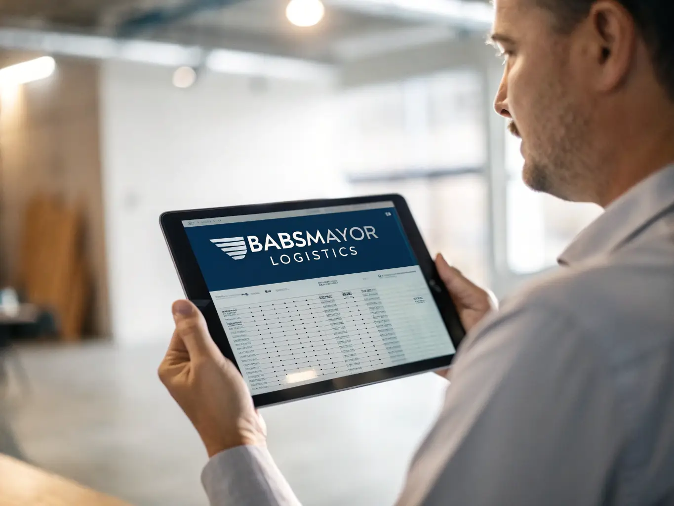 A close-up shot of a logistics expert at Trans-Logistyka using a digital tablet to track shipments in real-time, highlighting the company's use of technology and expertise.